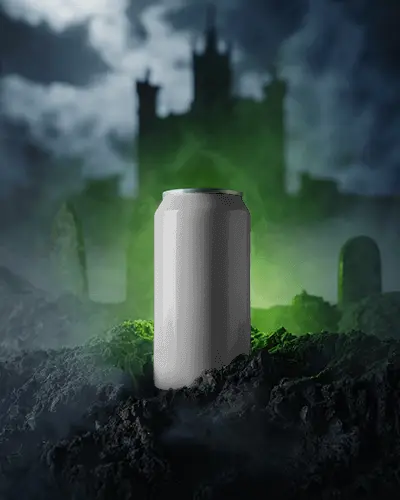 Spooky Themed Beverage Can Mockup With Mystical Glowing Background And Graveyard