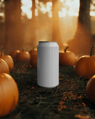 Blank Beverage Can Mockup Standing On Grass Amid Harvest Pumpkins Outdoor Setting