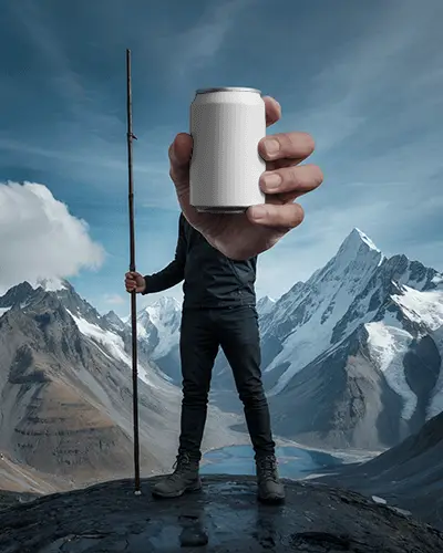 Realistic Hand Holding Can Mockup For Drink Packaging Display In Wilderness Surrounding