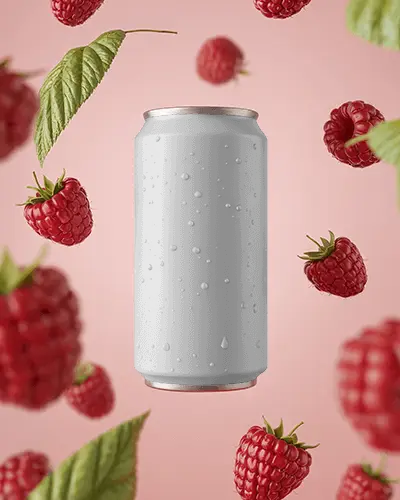 Cold Drink Can Mockup Floating Amidst Fresh Berry Fruits With Droplets For Branding
