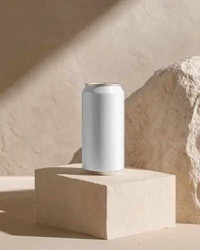 Premium Soda Can Mockup On Textured Stone Block Minimalist Style For Beverage Branding