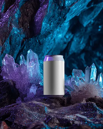 Premium Metallic Can Mockup Sitting Among Luminous Crystals For Brand Visuals