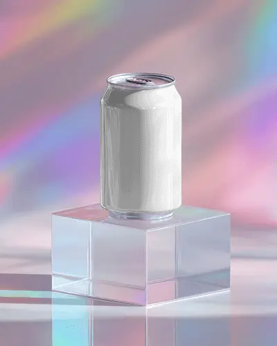 Realistic Drink Can Mockup Displayed On Transparent Block With Vibrant Holographic Hue