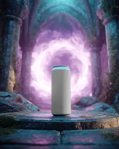 Vertical Aluminum Can Mockup With Glowing Magical Portal And Stone Archway Environment