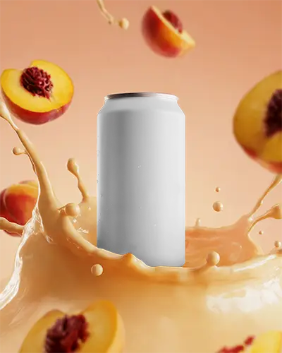 Beverage Can Mockup Showcasing Peach Juice Splash For Marketing And Brand Promotion
