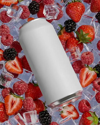 Chilled Fruity Flavored Drink Can Mockup Surrounded By Ice And Ripe Berries
