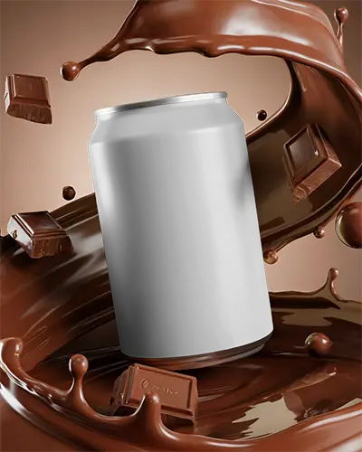 Realistic Aluminum Can Mockup With Floating Chocolate Cubes And Dynamic Liquid Splash