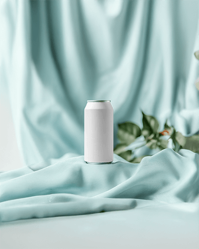 High End Energy Drink Can Mockup Abstract Gradient Label With Lush Fabric Backdrop