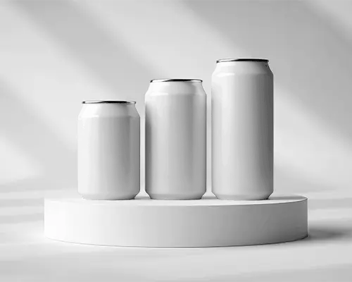 Blank Aluminum Can Mockups On Round Platform For Beverage Packaging Design Display