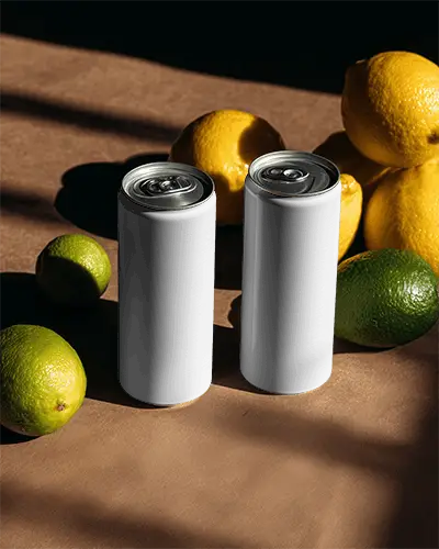 Cans For Cold Beverages Mockup With Citrus Fruit Background For Refreshing Drinks