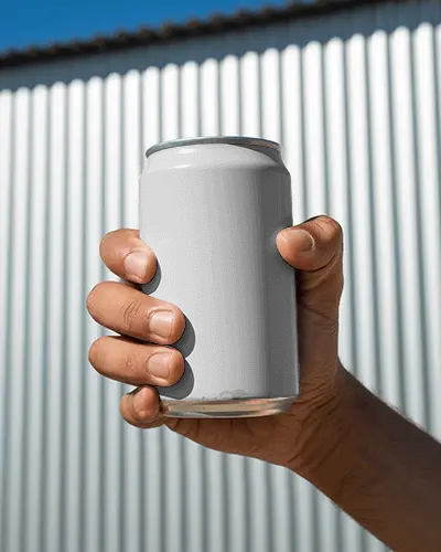 Hand Holding Blank Can Mockup For Beverage Branding And Packaging Design Presentations