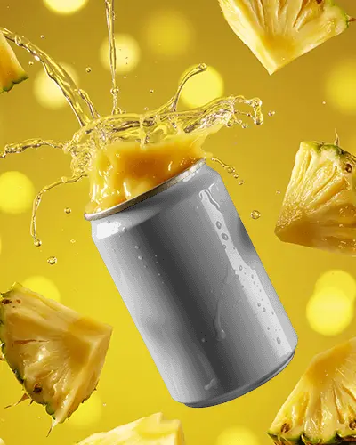 Refreshing Pineapple Drink Can Mockup With Juice Splashing And Pineapple Slices Floating