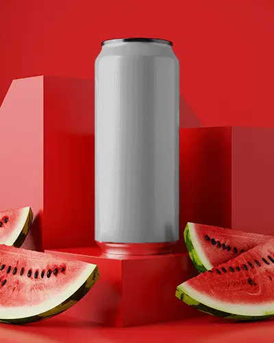 Refreshing Watermelon Flavored Beverage Can Mockup With Fruit Slices On Red Background