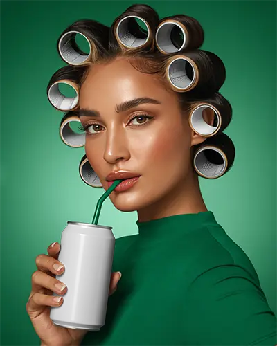 Realistic Soda Can Mockup In Hand With Urban Fashion Style And Curly Hair Rollers