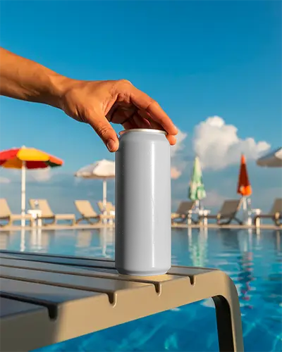 Refreshing Beverage Can Mockup By Poolside For Summer Drink Brand Promotion And Advertising
