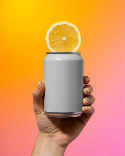 Creative Beverage Can Mockup With Lemon Garnish And Colorful Nail Art On Hand