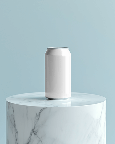 Premium Craft Beer Can Mockup Featuring Vibrant Nature Illustration On Marble Surface