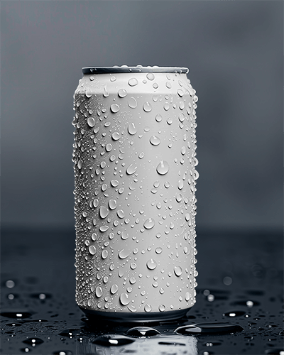 Water Droplet Covered Soda Can Mockup Chilled Drink Packaging With Sunset And Surf Theme