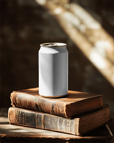 Sun Drenched Literary Can Mockup Artistic Beverage Packaging Styled On Antique Hardcover Books