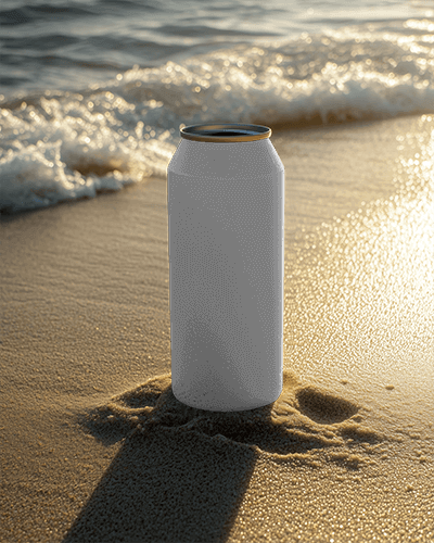 Golden Hour Soda Can Mockup Premium Fruit Infused Drink Packaging On Sandy Beach With Ocean Waves