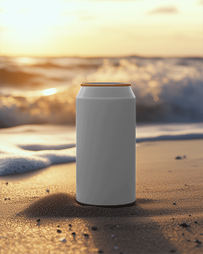 Futuristic Fruit Drink Can Mockup Abstract Fluid Design Packaging With Tranquil Beach Vibes