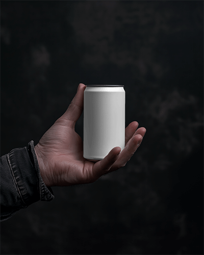 Premium Dark Aesthetic Soda Can Mockup Hand Holding Trendy Smiley Design On Modern Label