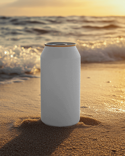 Sunset Beach Beverage Can Mockup Refreshing Drink Packaging On Wet Sand With Waves In Background