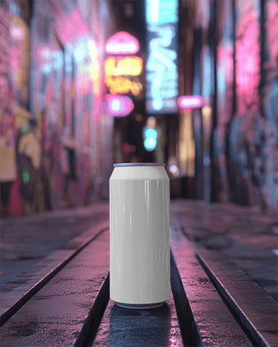 Neon Lit Urban Alley Can Mockup Vibrant Energy Drink Packaging With Glowing City Background