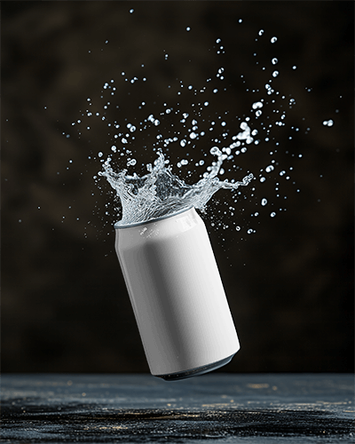 Artistic Water Splash Can Mockup Fresh Mountain Themed Packaging With Crystal Clear Liquid Action
