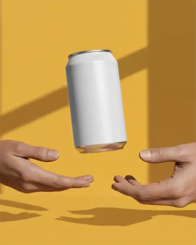 Floating Can Mockup Bright Yellow Backdrop Hands Ready To Catch In Studio Light High Contrast