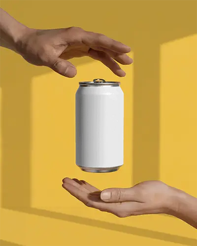 Floating Can Mockup Vibrant Yellow Background Hands Reaching Dynamic Light Modern Summer Energy
