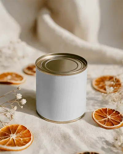Tin Can Mockup On Soft Linen Dried Orange Slices And Baby Breath Aesthetic Cozy Natural Light