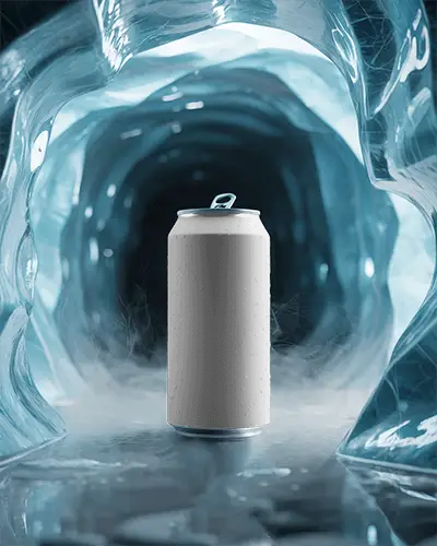 Tall Can Mockup Inside Icy Cave Misty Vapor Dreamy Cold Environment Cinematic Moody Visual Style