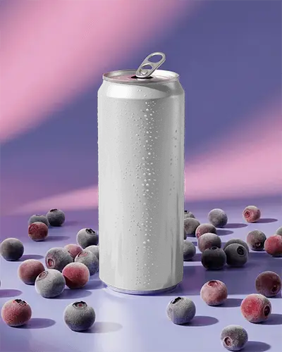 Can Mockup With Frozen Berries Pink Purple Gradient Backdrop Cool Condensed Surface Effect