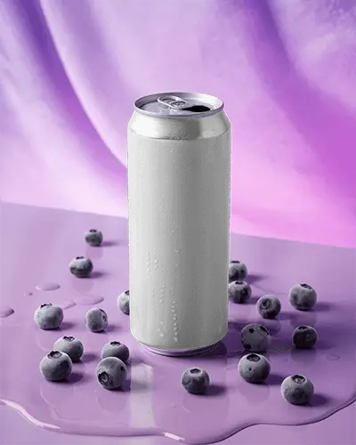 Can Mockup On Purple Surface With Blueberries Liquid Pool Glossy Vibrant Pop Scene