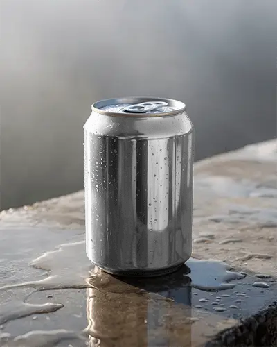 Chilled Can Mockup On Wet Stone Surface Natural Light Condensation Effect Outdoor Refreshing Scene