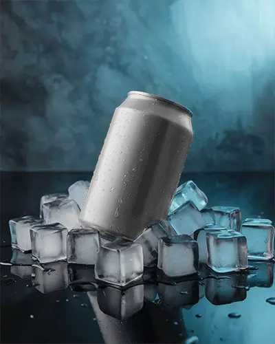 Tilted Can Mockup On Ice Cubes Moody Blue Background Condensation Chill Refreshing Visual Style