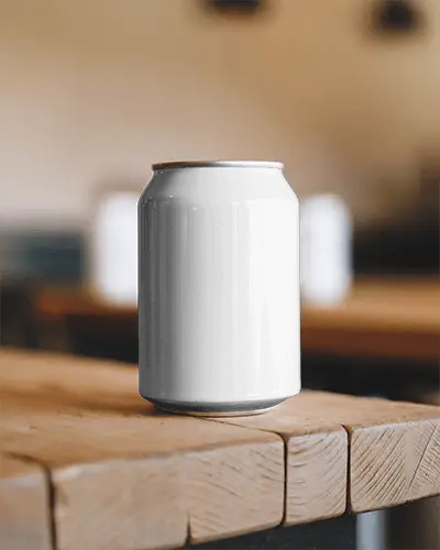 Modern Can Mockup Placed On Wooden Surface In Cafe Environment With Blurred Background Depth