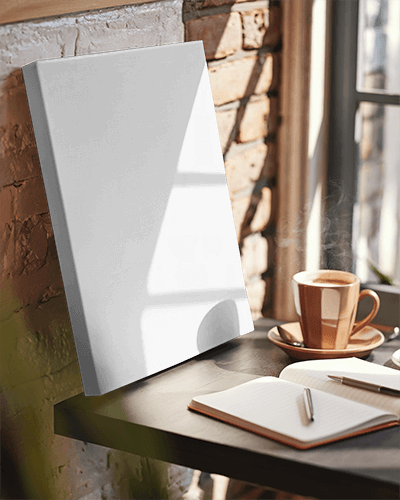 Cozy Cafe Canvas Mockup Warm Sunlit Brick Wall With Steaming Coffee And Open Notebook