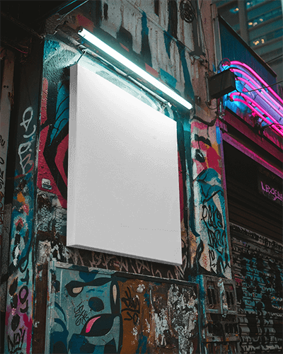 Neon Graffiti Street Canvas Mockup Hanging On Textured Wall Vibrant Urban Nightlife Aesthetic