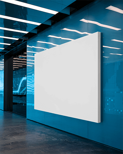 Futuristic Office Canvas Mockup Mounted On Glossy Blue Wall Modern Lighting Reflective Surfaces Sleek Corporate Vibe