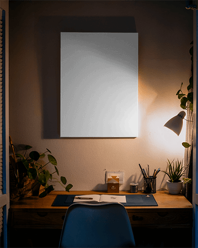 Warm Cozy Workspace Canvas Mockup Minimalist Desk Setting With Soft Lighting And Greenery Serene And Focused Ambience