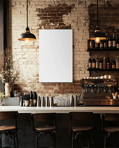 Cozy Industrial Cafe Canvas Mockup Exposed Brick Wall With Warm Lighting Rustic Coffee Bar And Modern Decor