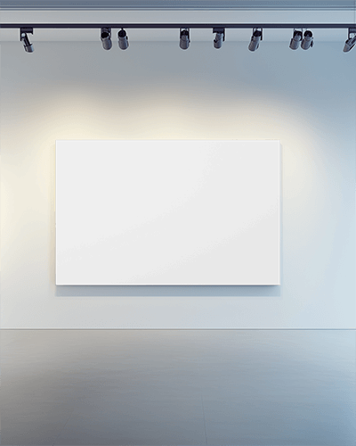 Contemporary Art Gallery Canvas Mockup Large Horizontal Frame Under Spotlights In Minimalist Exhibition Space
