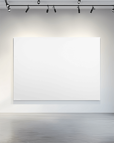 Spacious Modern Gallery Wall Canvas Mockup Large Horizontal Frame Under Track Lighting In Minimalist Exhibition Space