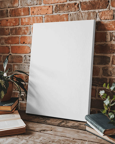 Rustic Brick Wall Canvas Mockup Leaning Against Books Cozy Library Aesthetic