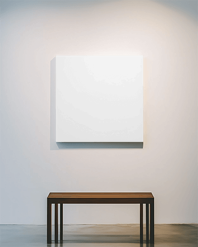 Minimalist Gallery Wall Canvas Mockup With Wooden Bench Soft Lighting Modern Art Exhibition
