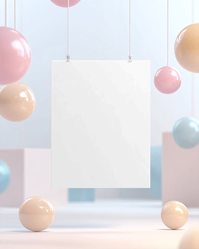 Floating Poster Mockup In Dreamy Pastel 3d Scene With Hanging Spheres And Soft Minimalist Lighting