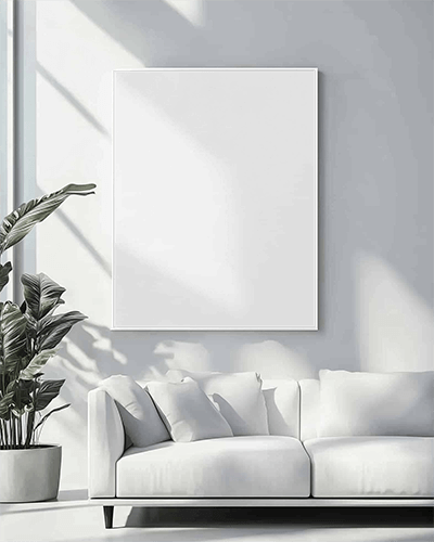 Bright Modern Living Room Wall Canvas Mockup Above White Sofa With Natural Light And Greenery