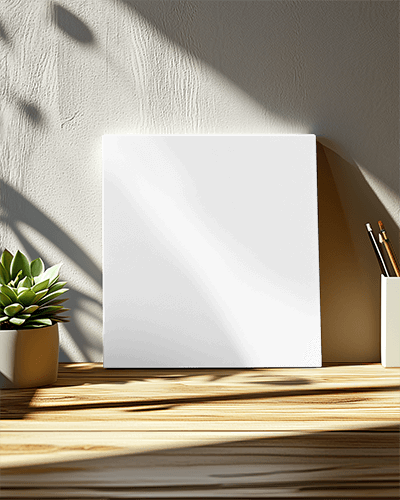 Sunlit Desk Leaning Canvas Mockup With Textured Wall Wooden Surface And Greenery Modern Workspace
